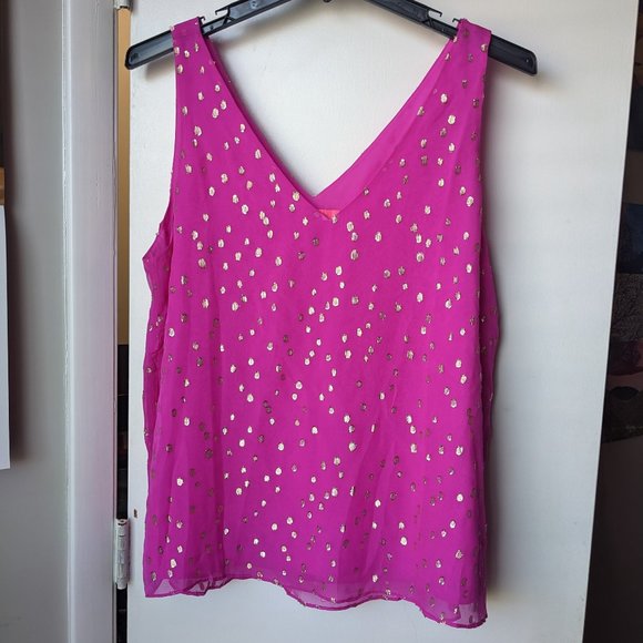 Lilly Pulitzer Tops - Lilly Pulitzer Pink V-Neck Tank Top with Gold Accents Size Extra Large (XL) Silk
